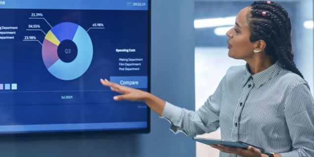 Una directora presenta un panel del grupo a su equipo