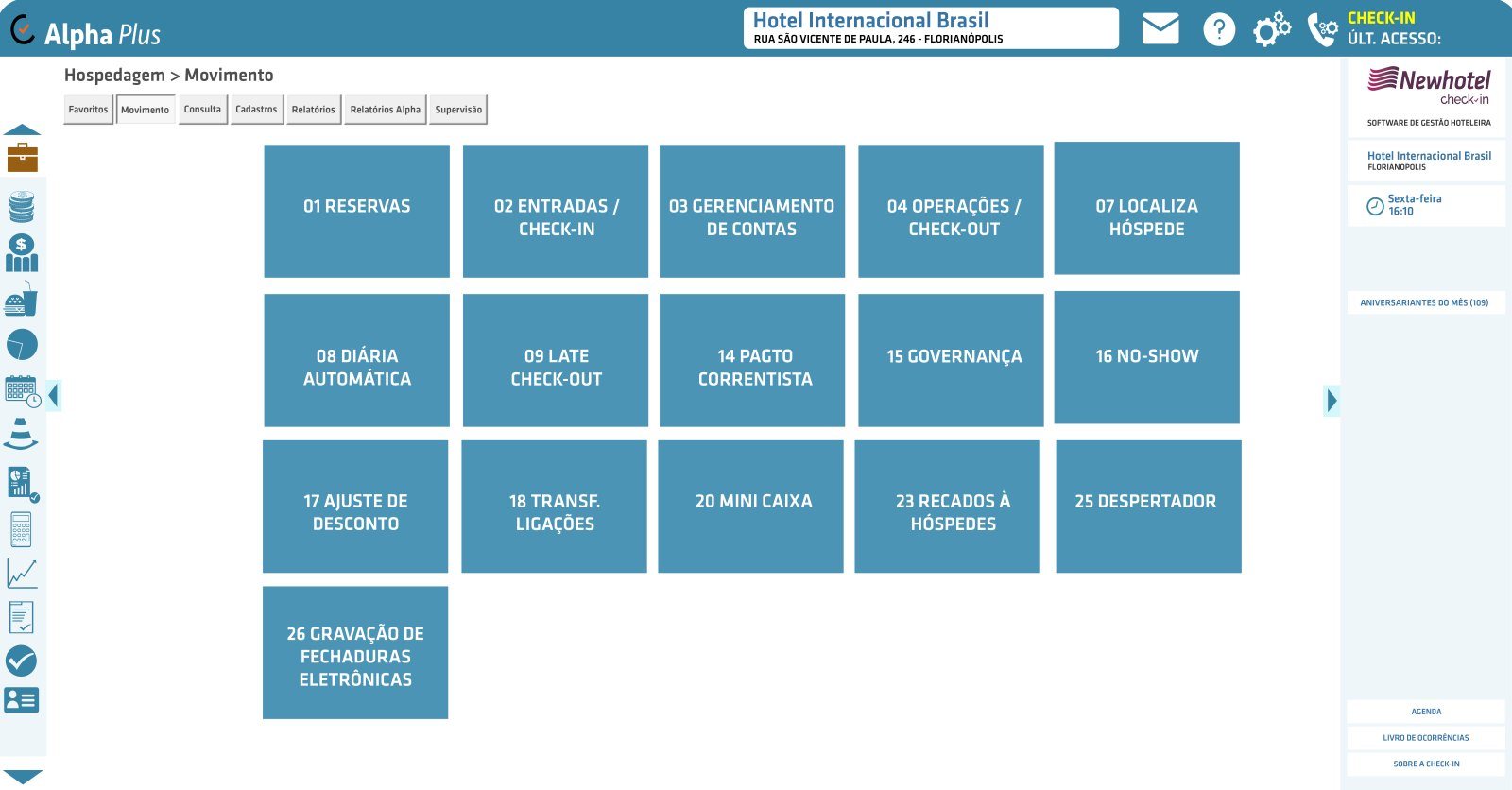 Menu de movimento da hospedagem no PMS Alpha