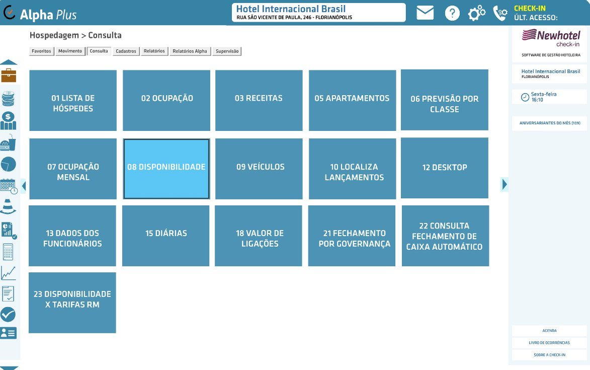 Menu de consultas da hospedagem no PMS Alpha
