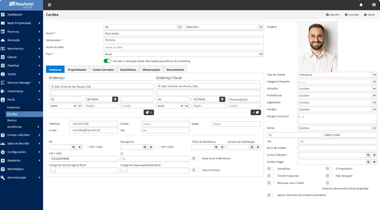 Ficha do hóspede no Cloud PMS