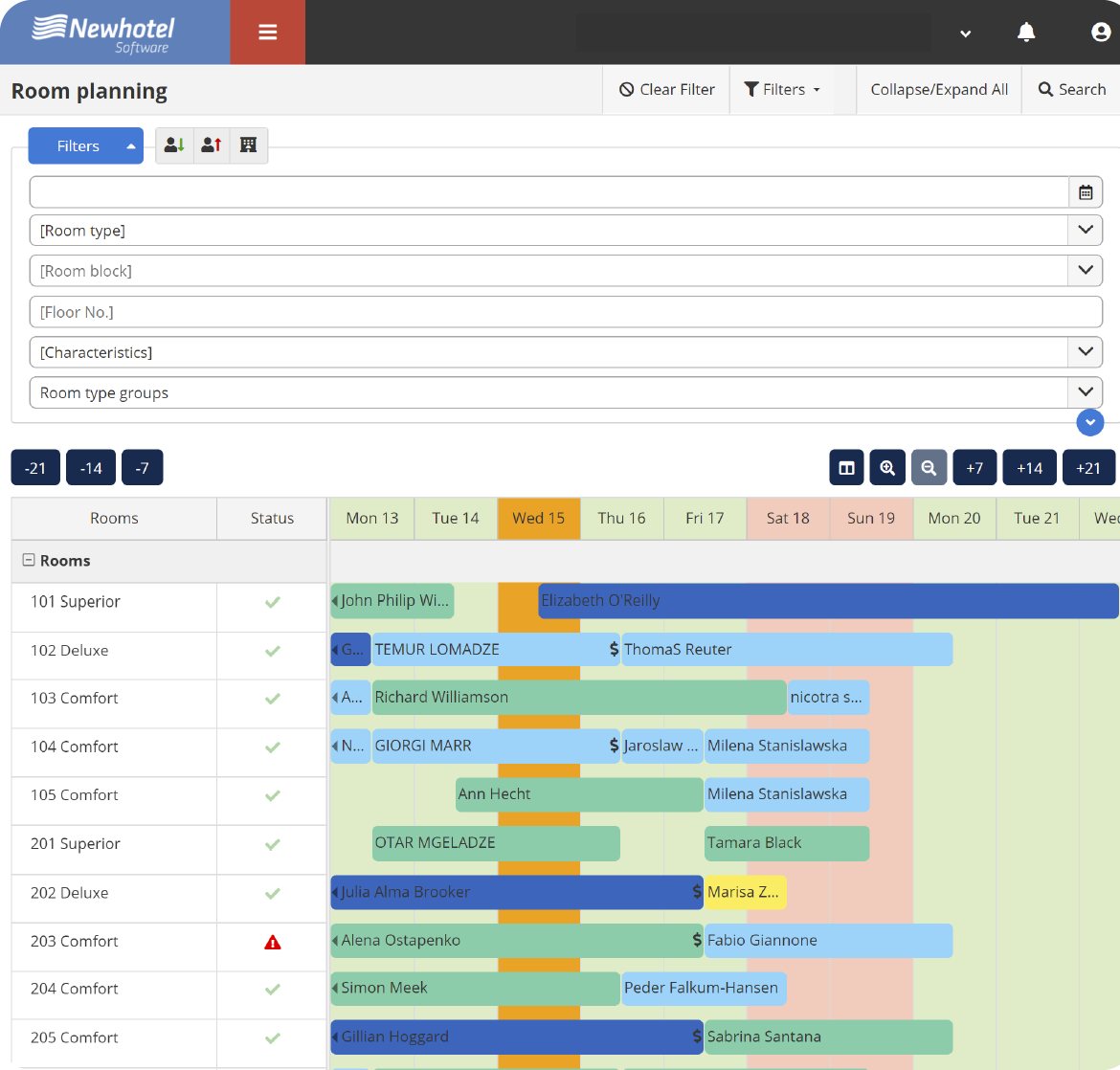 Room chart and reservation planning