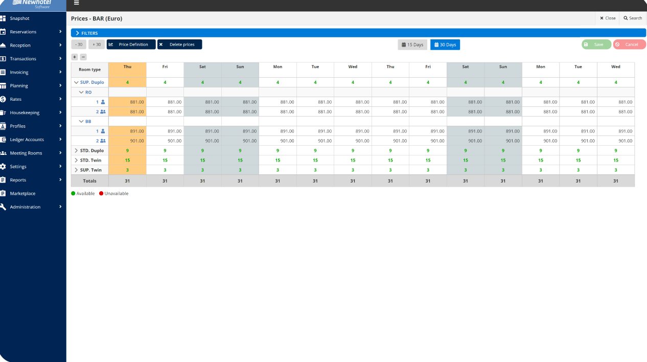 Cloud PMS rates and prices screen