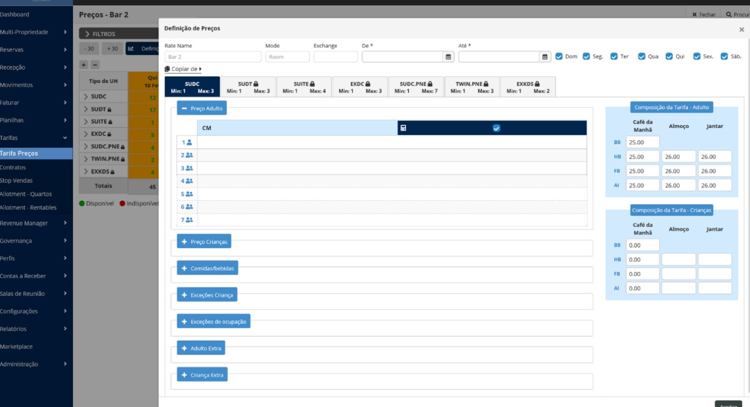 Tela de tarifas e preços do Cloud PMS