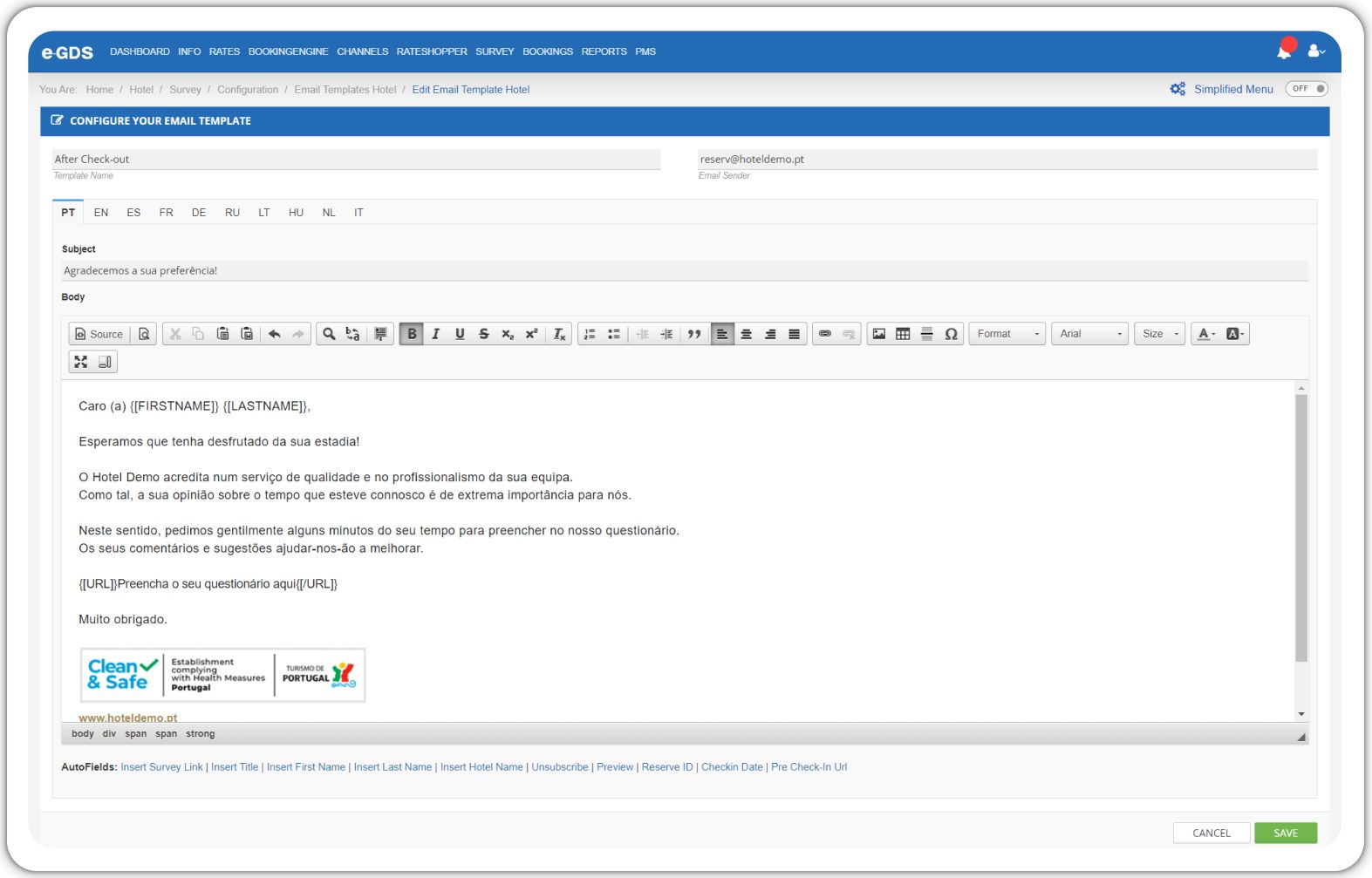 Editor de e-mail do Survey